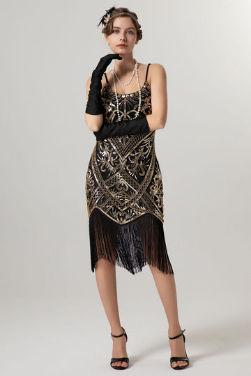 Black Golden Sequin Spaghetti Straps Bodycon Short 1920s Flapper Dress with Tassels